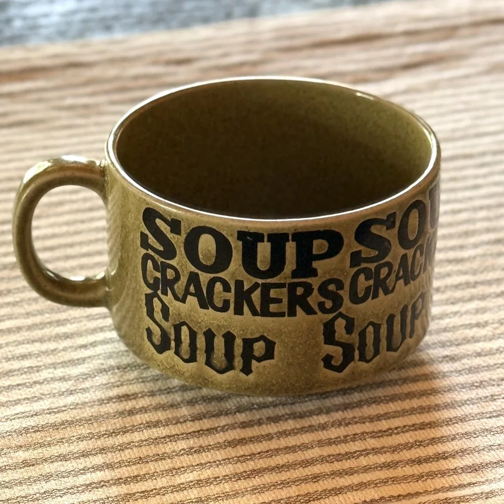 Vintage Soup Cracker Handle Mug Bowl Cup Large Green Japan Stoneware
